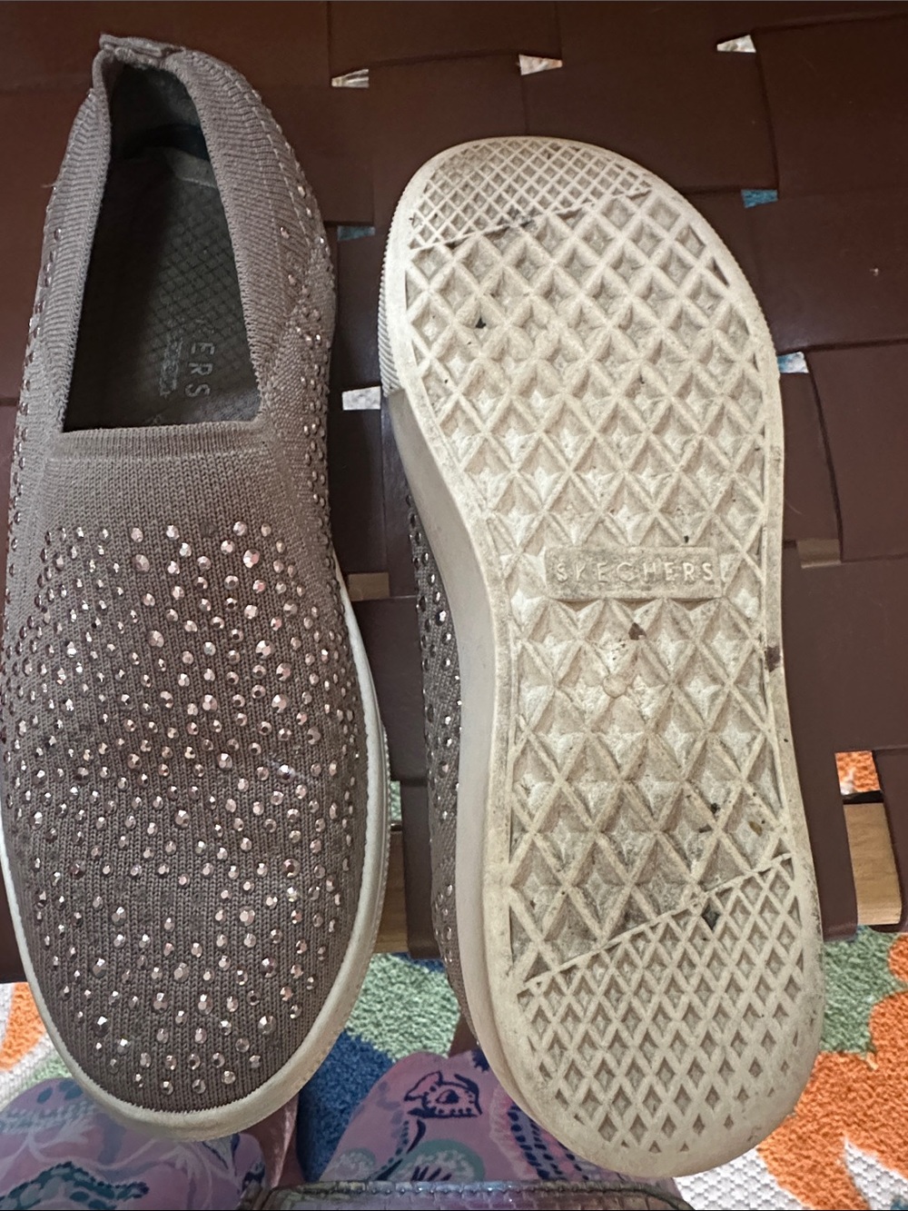 Skechers Slip-On Knit Sneakers with Rhinestones - Brown